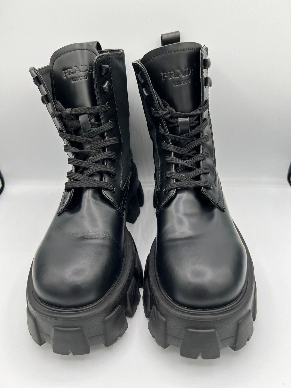 AUTH PRADA MONOLITH BLK LEATH ZIP POCKET COMBAT BOOTIES SZ"40" Women’s 9 / 9.5